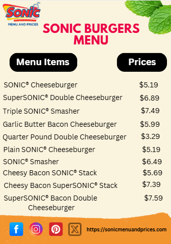 Sonic Burgers Menu